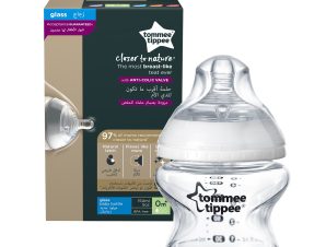 Tommee Tippee Closer to Nature Glass Baby Bottle 0m+ Κωδ 42243785 Γυάλινο Μπιμπερό Μικρής Ροής με Θηλή Σιλικόνης Κατά των Κολικών 150ml