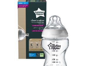 Tommee Tippee Closer to Nature Glass Baby Bottle 0m+ Κωδ 42243885 Γυάλινο Μπιμπερό Μικρής Ροής με Θηλή Σιλικόνης Κατά των Κολικών 250ml
